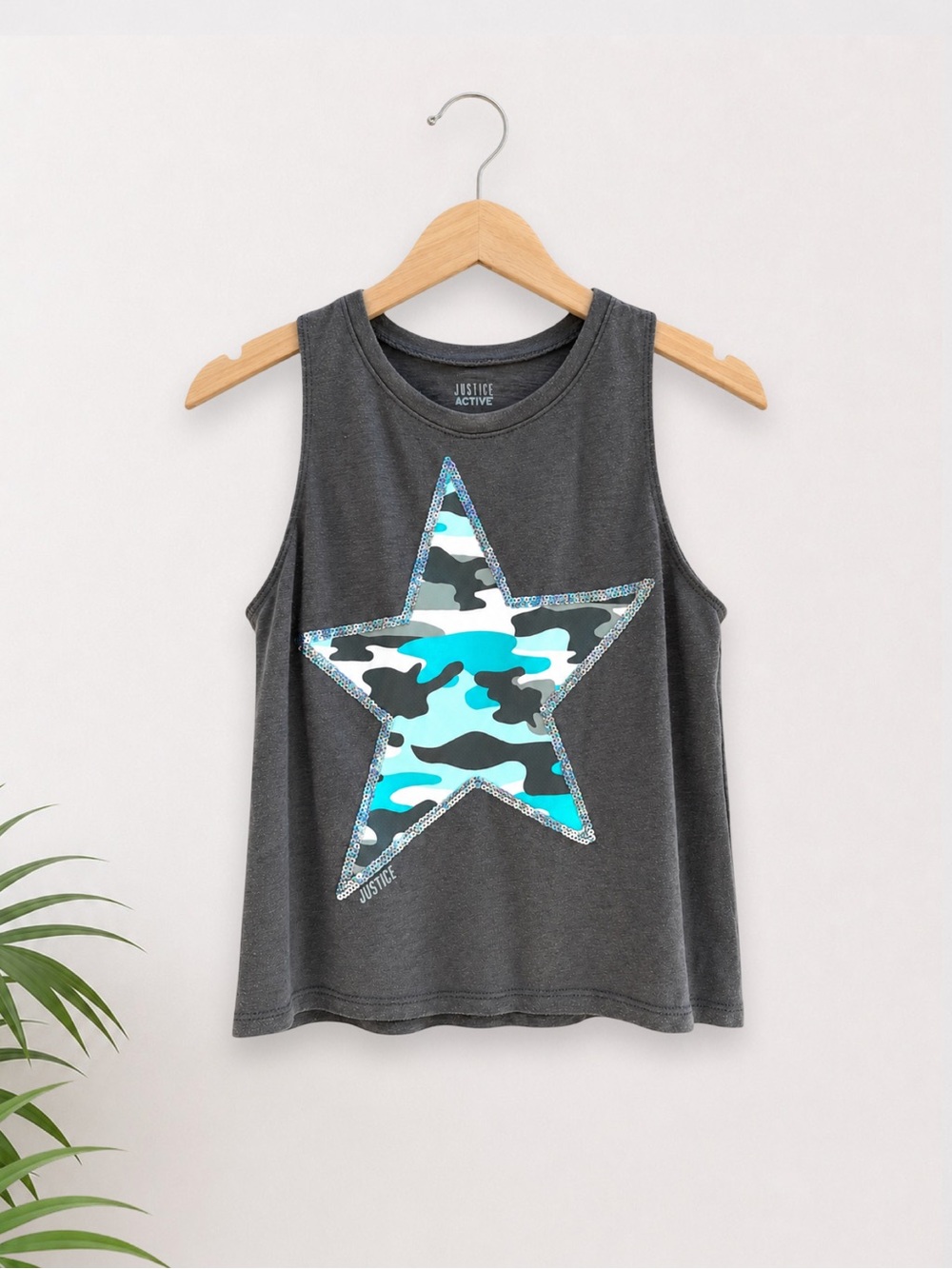 Justice Active Girls Size 10 Sleeveless Tank Top Camo Star Sequin Athletic